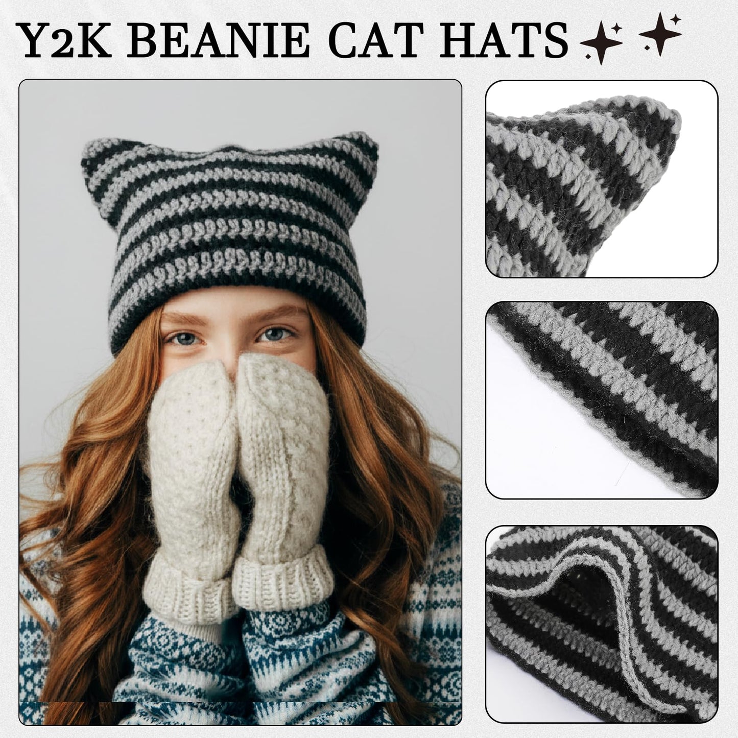 Zhamate Y2K Striped Crochet Beanie Hats Set Cat Beanie Accessories with Arm and Leg Warmers Necklaces Star Earrings for Women