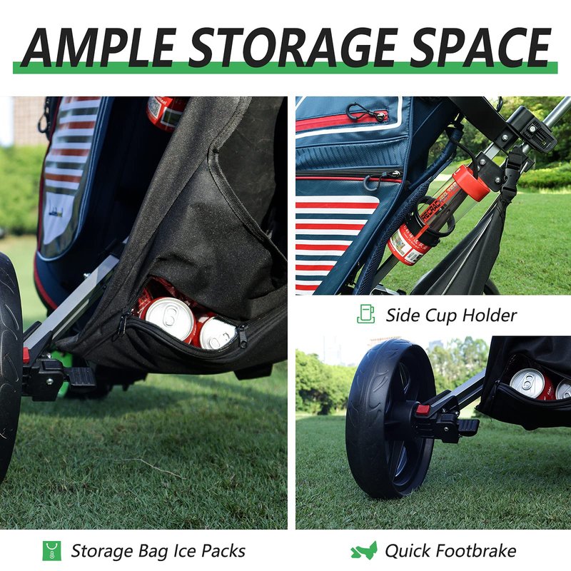 Lakehood Golf Push Cart, Golf Pull Cart for Golf Clubs and Golf Bag, Golf Push Carts Three Wheel Easy to Folding Scorecard Holder with Mobile Phone Holder Storage Bag Golf Carts (Green)