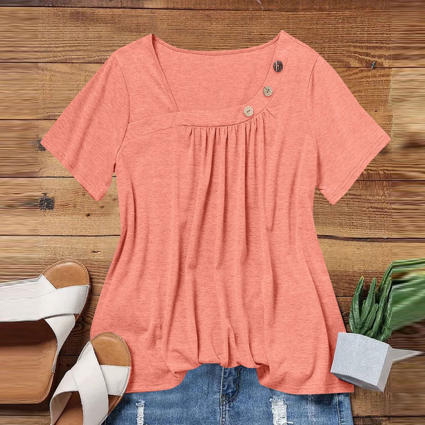 Dance Oversized Tops Women's Bohemian Summer Short Sleeve Crewneck Breathable Shirt Polyester Button Solid Comfortable Blouse Teen Girls Watermelon Red