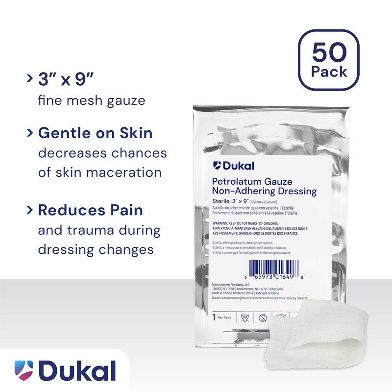 Dukal 206 Petrolatum Gauze, Sterile, 3" Width x 9" Length, Pack of 50