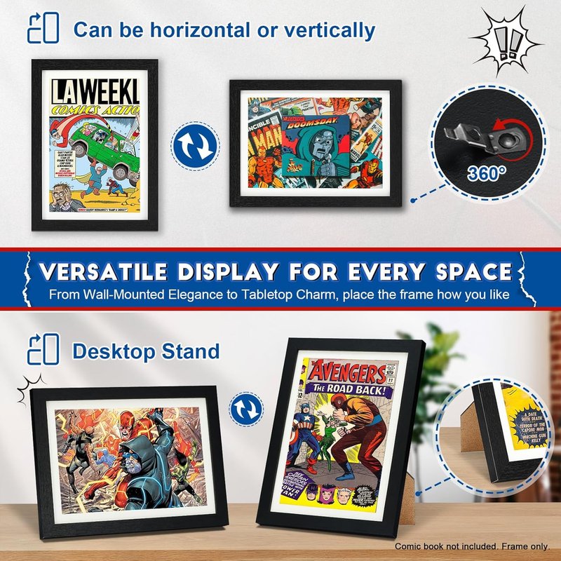 Comic Book Frame - Premium Wood Display Case for 6.7" x 10.2" Comics | Wall Mount or Tabletop Stand, White