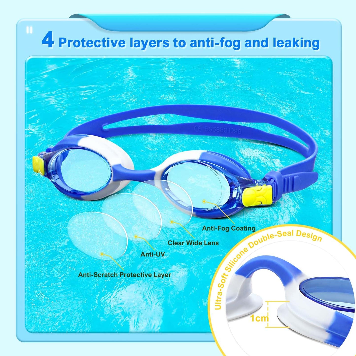 Juatellay Kids Swim Goggles with Cases, 2 Packs No Leaking Anti Fog Swimming Goggles 180° Clear View Kids Goggles for Boys Girls(Age 6-14)