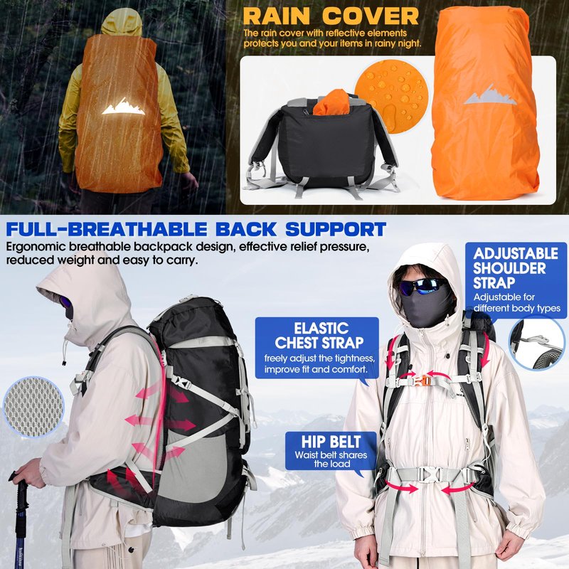 IGOLUMON 60L Hiking Backpack, Large Camping Backpack with Rain Cover Waterproof Travel Hiking Daypack Lightweight Backpacking Pack for Men Women, Black