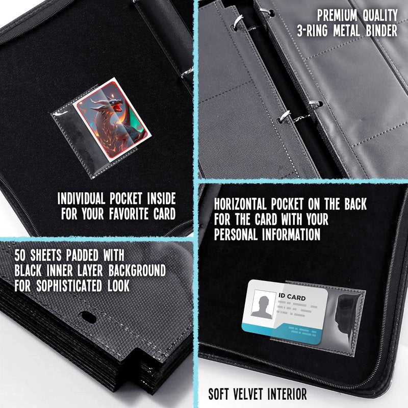 Trading Card Binder 9-Pocket - Zippered 3-Ring Album for 900 Cards | Includes 50 Removable Sleeves & ID Slot