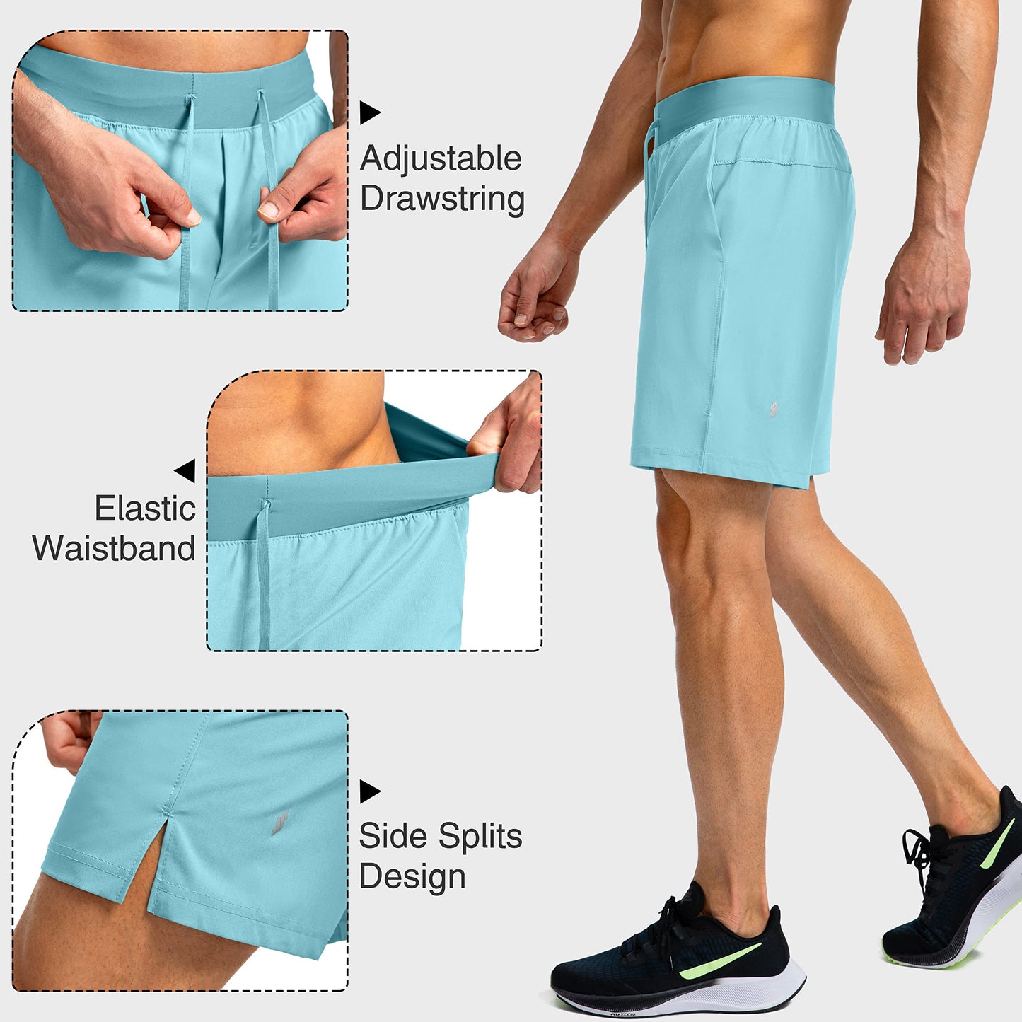 Soothfeel Men's Running Shorts with Zipper Pockets 7 Inch Lightweight Quick Dry Gym Athletic Workout Shorts for Men (Light Blue, L)