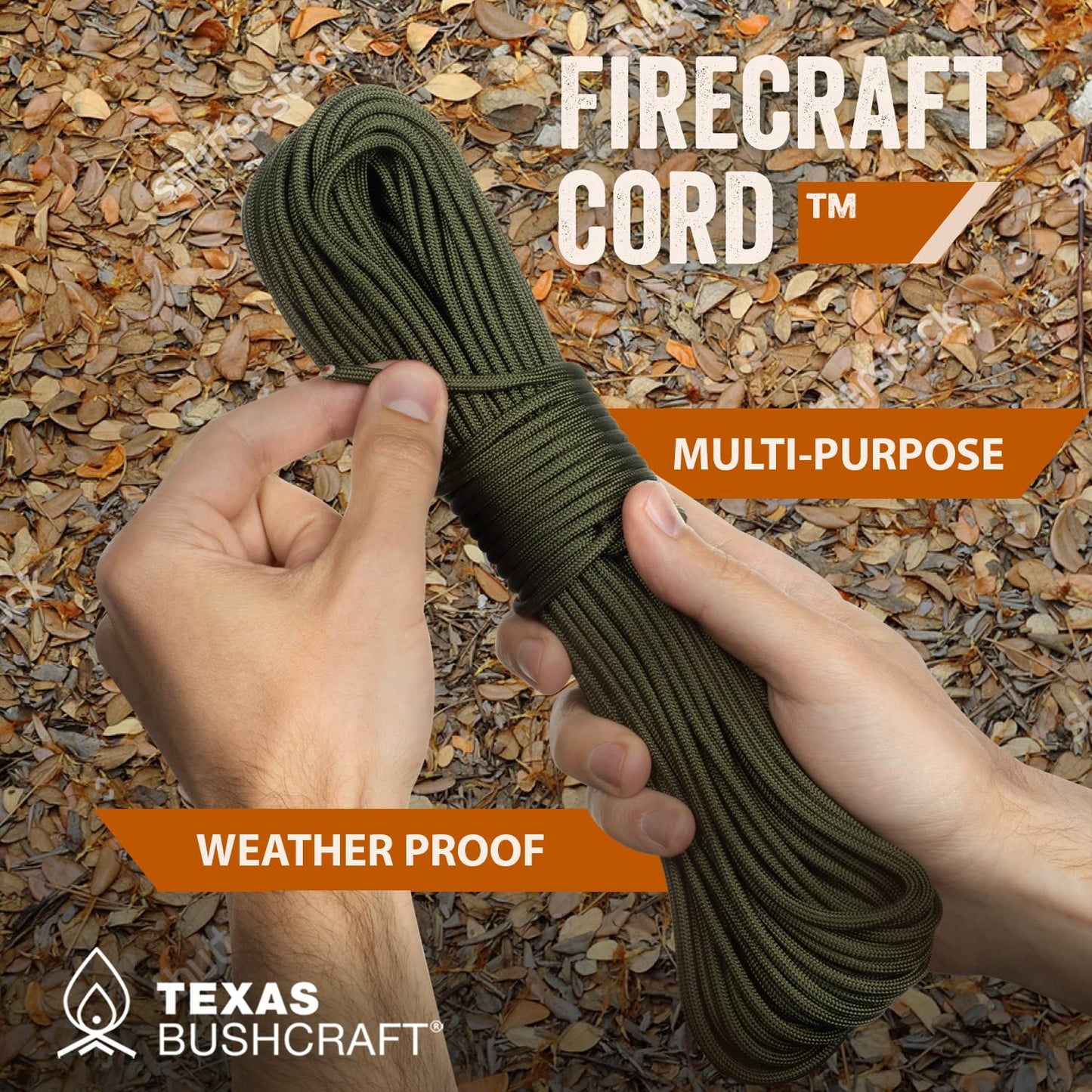 Texas Bushcraft Firecraft Cord - Utility Paracord Survival Rope, Parachute Cord for Survival Gear – 3 Extra Strands for Emergency Preparedness Fishing, Sewing and Tinder (Army Green, 100 ft)