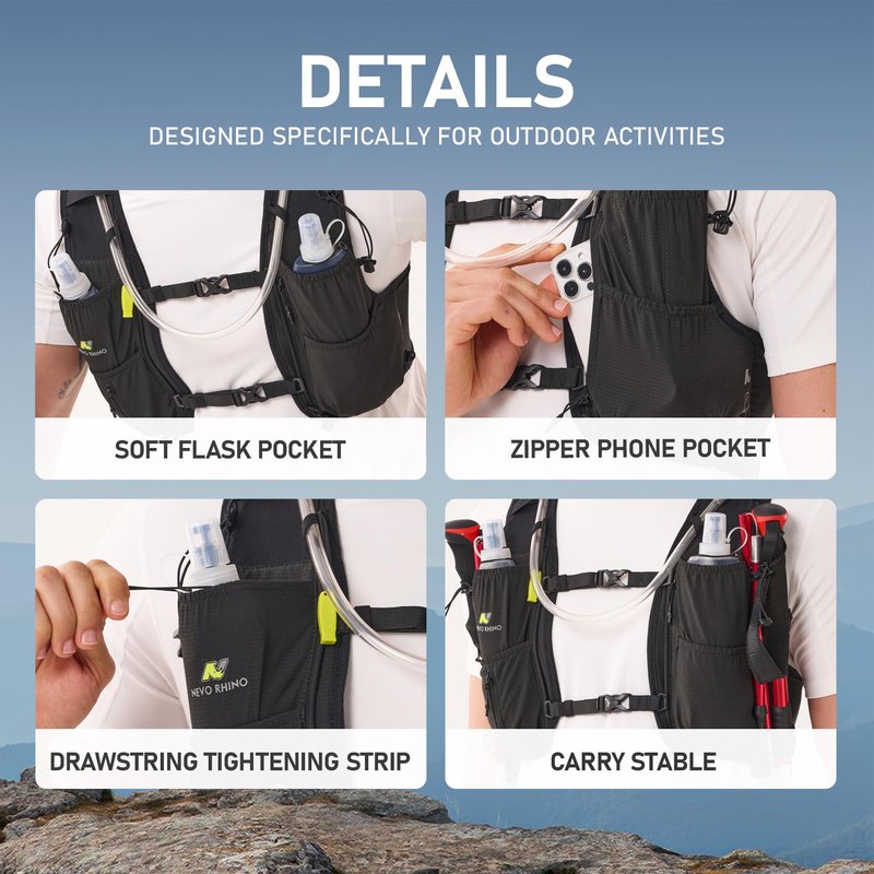 N NEVO RHINO Running Vest for Women Men, 5L Lightweight Running Hydration Vest with 2 TPU 500ml Soft Flask, Breathable Hydration Backpack for Trail Running, Hiking, Shorter Runs