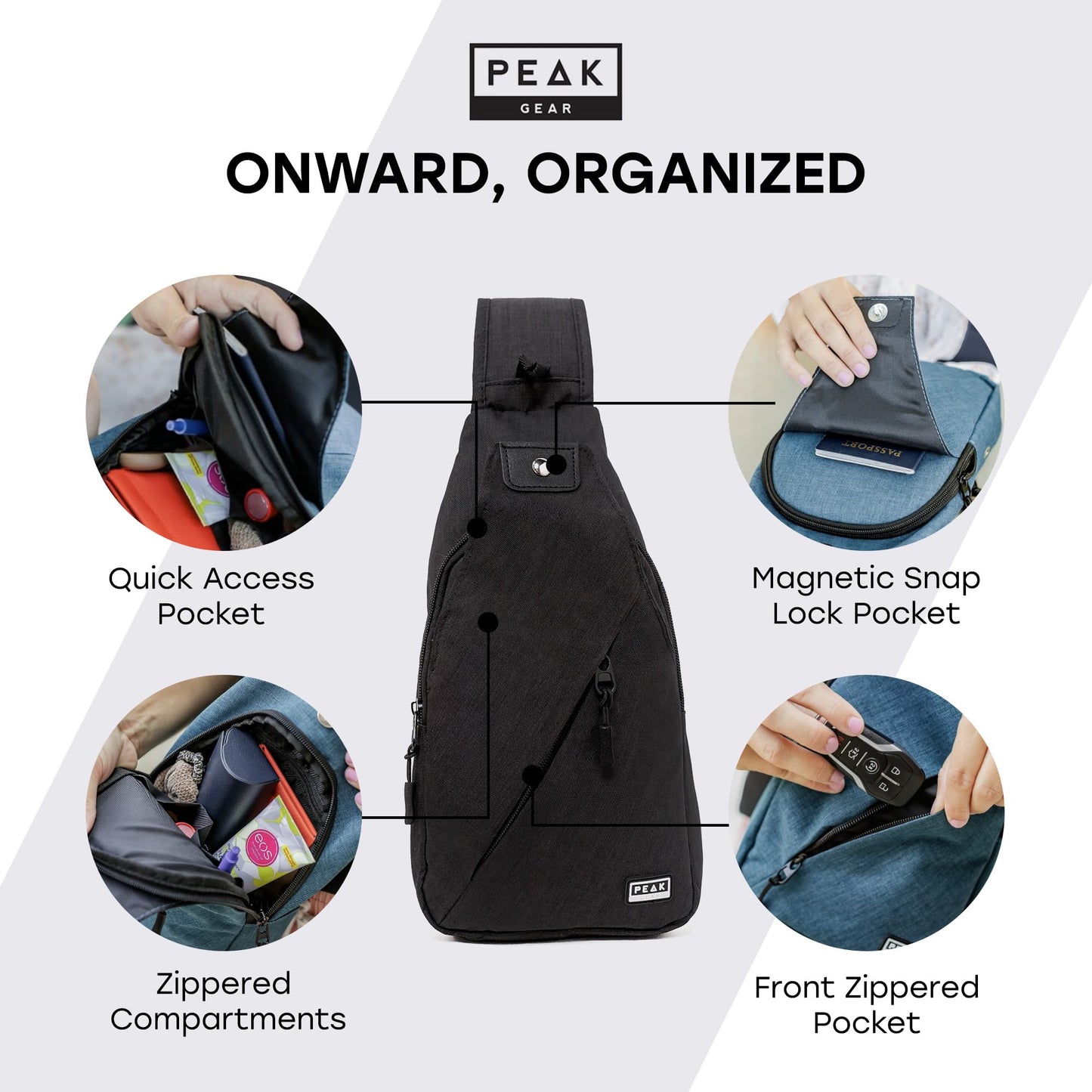 Peak Gear Travel Sling Bag. Compact Crossbody Bag | Lighter and Smaller than a Backpack | Lifetime Lost & Found ID Tag | Black