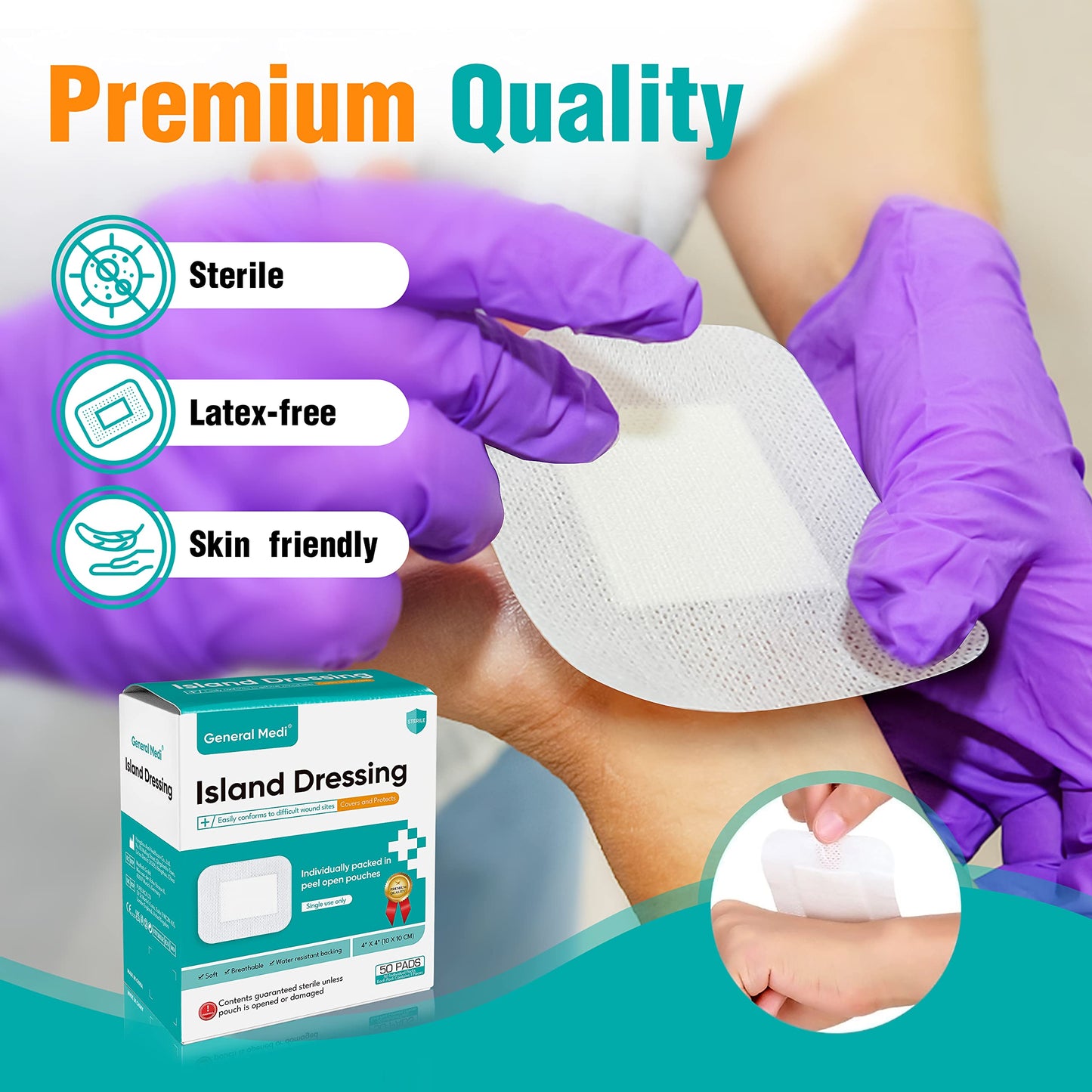 General Medi Sterile Island Dressing Bordered Gauze – 50 Count, 4" x 4" Gauze Pads, Wound Care Pad with Adhesive Border - Sterile, Soft & Highly Absorbent Medical Grade Dressing Pad