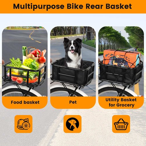 SAMRELAX Bike Basket Rear, Large Bicycle Basket with Cargo Net, Liner and Waterproof Cover for Electirc Bike, Ebike and Bikes