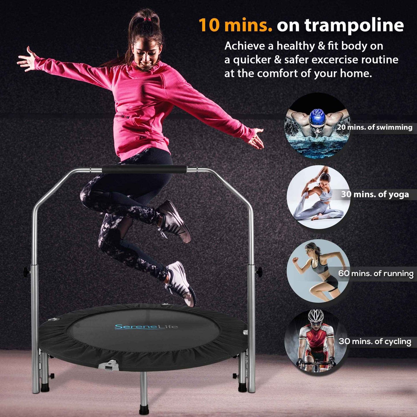SereneLife 50" Trampoline - In-Home Cardio Fitness Rebounder with Adjustable T-Bar Handle, Silent Heavy Duty Exercise Trampoline for Adults