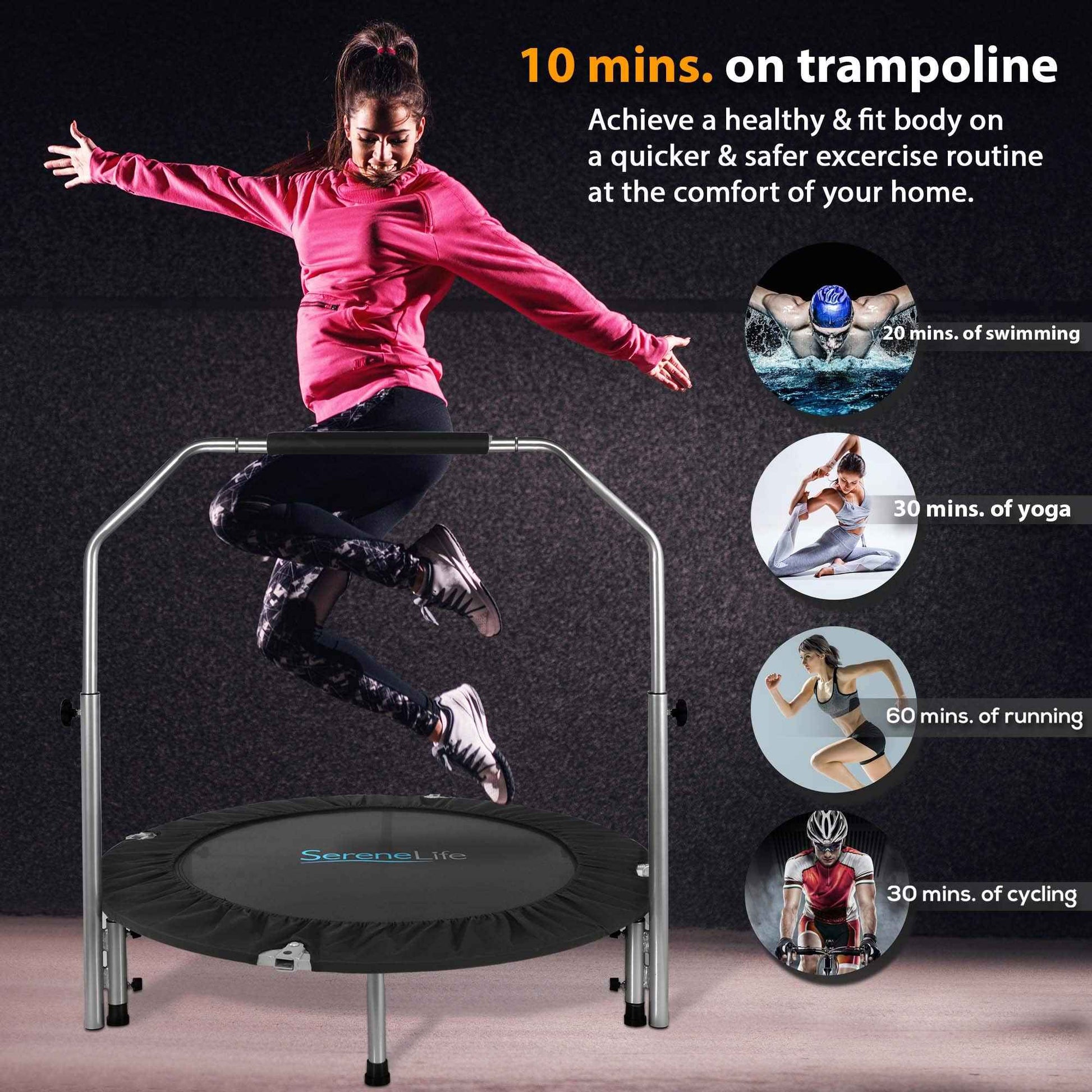 SereneLife 50" Trampoline - In-Home Cardio Fitness Rebounder with Adjustable T-Bar Handle, Silent Heavy Duty Exercise Trampoline for Adults