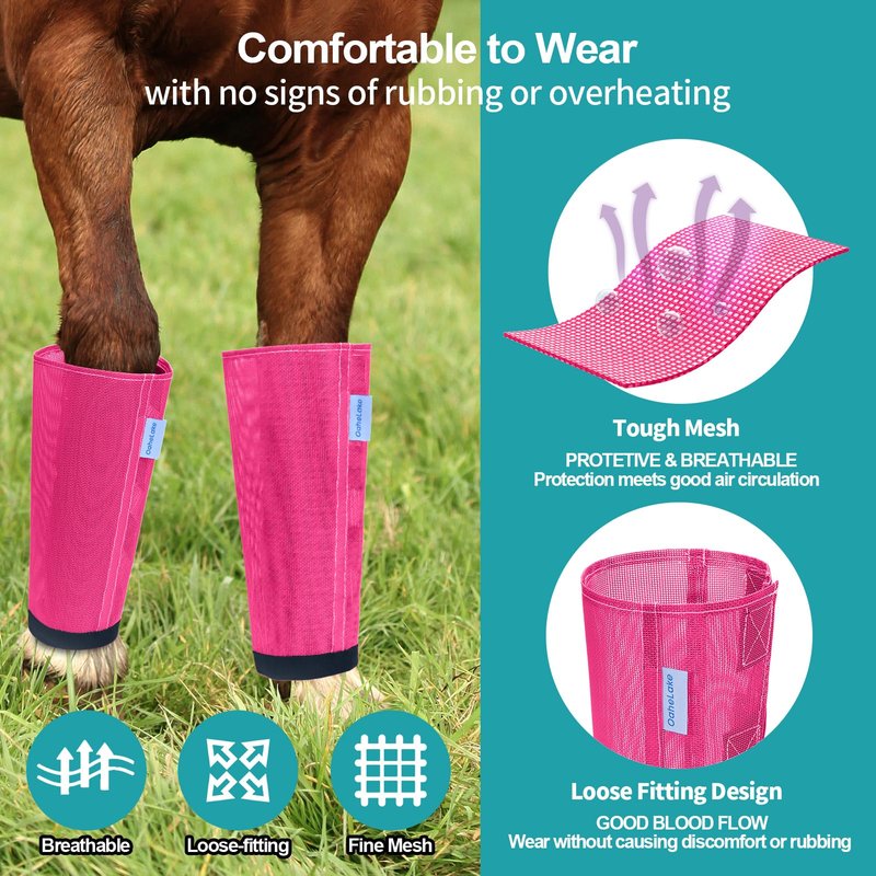 Mesh Horse Fly Boots Set of 4, Loose Fitting Leggings for Horses, Reduce Stressful Stomping, Breathable Adjustable and Universal Fit for 4 Legs, Reliable Stay Put (Magenta)