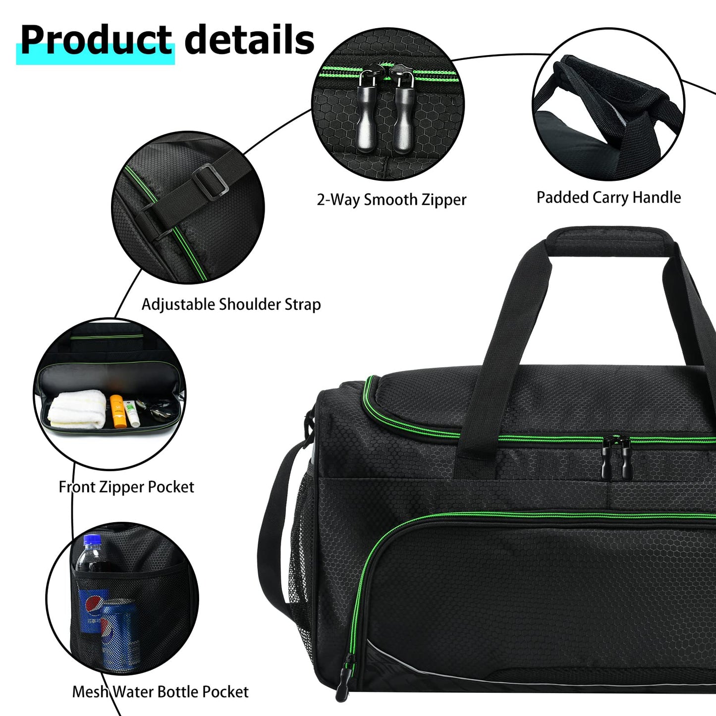 Uarition Mens Gym Bag 21 inch Large Overnight Weekender Duffle Bag for Travel Sport-Green/Black