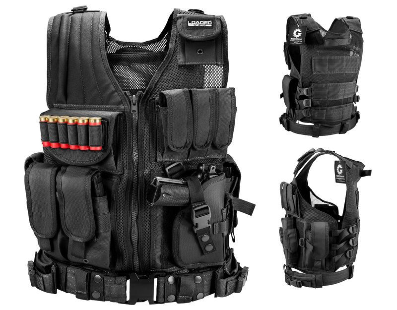 Barska Loaded Gear VX-200 Tactical Vest – Right Hand Holster, Adjustable Fit, Mag Pouches, Belt, ID Panel, Rescue Handle – Combat Vest for Airsoft or Training