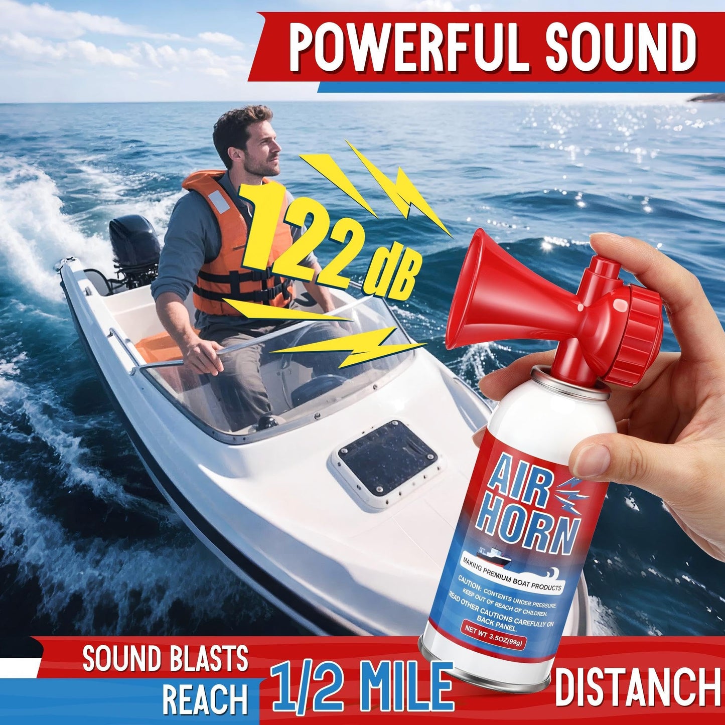 HappyAlley 1 Pack Large Air Horn for Safety 3.5oz, 122dB Very Loud Marine Air Horn for Boat, Coast Guard Approved, Great for Boat & Marine Safety, Sporting Events, Travels, Hiking (Red)