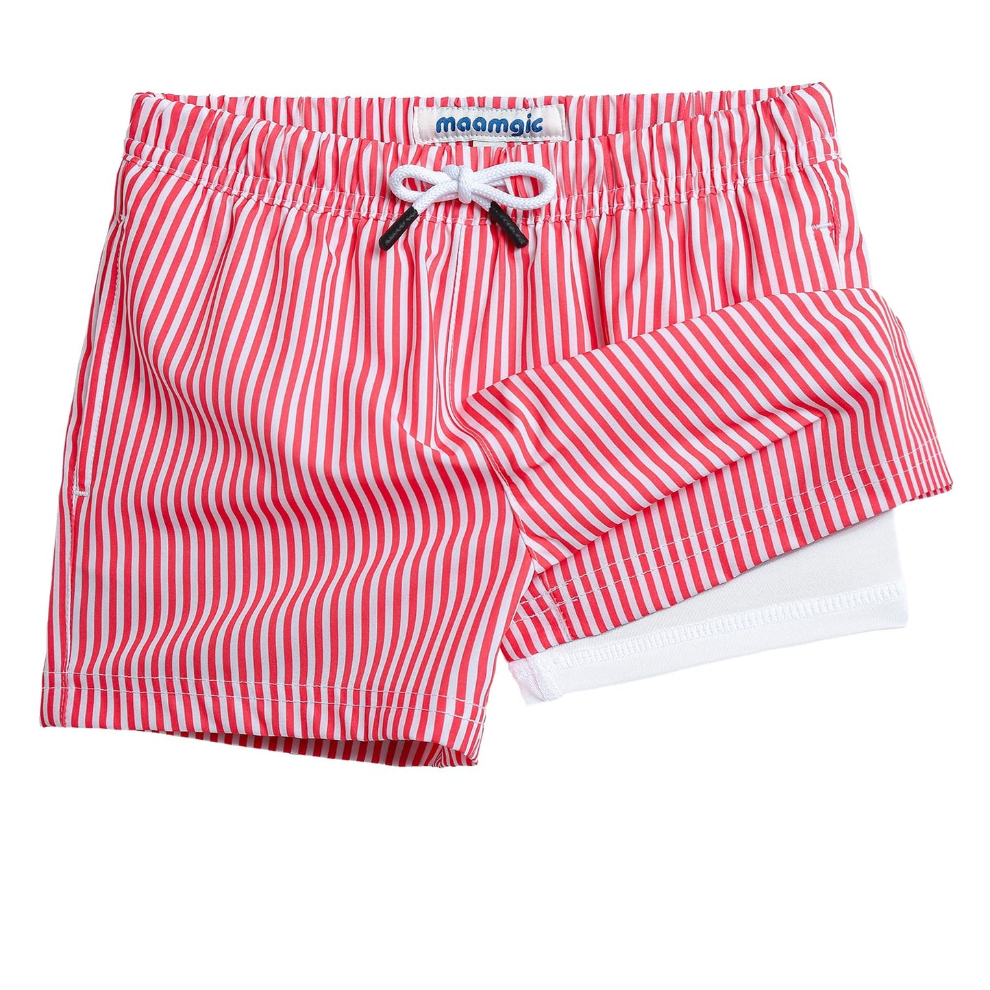 maamgic Boys Swim Trunks with Compression Liner Toddler Stretch Swim Shorts Quick Dry Swimming Trunks Boxer Brief 2 in 1 Beach Shorts Red Stripe 4T