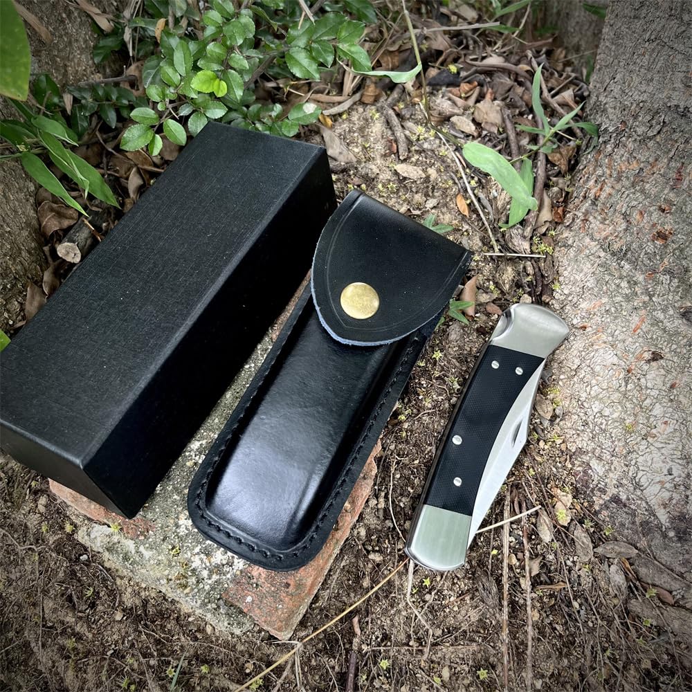 TrailTough 8.54'' Portable Lockback Manual Opening Folding Knife，3.3'' D2 Steel Blade，G10 Handle with Black Leather Sheath，EDC Pocket Knife for Men Women,Sharp Camping Fishing Hiking Knives