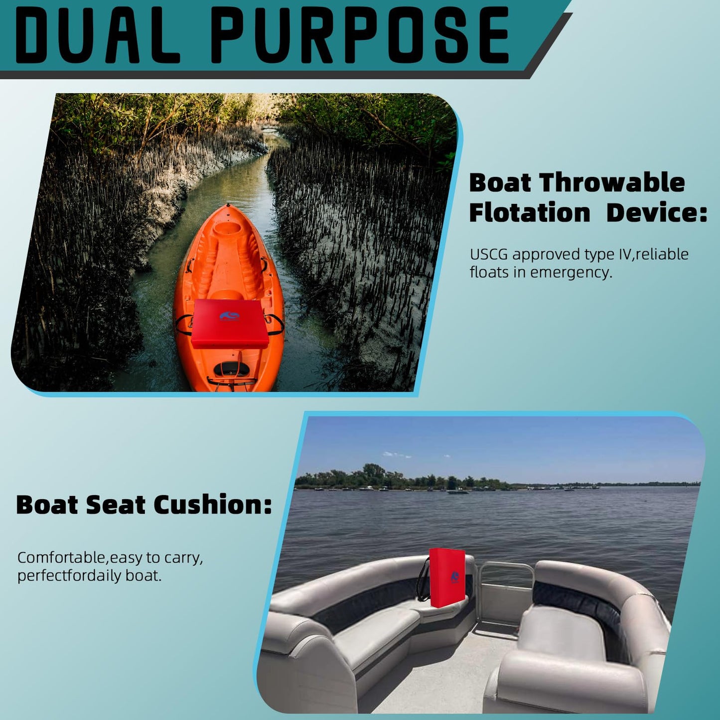 Throwable Flotation Cushion,Emergency Marine Foam Flotation Throwable Device,USCG Approved Type IV PFD Boat Throw Seat Cushion Life Preserver Emergency Safety Equipment for Boat Kayak Canoe Red-1PK