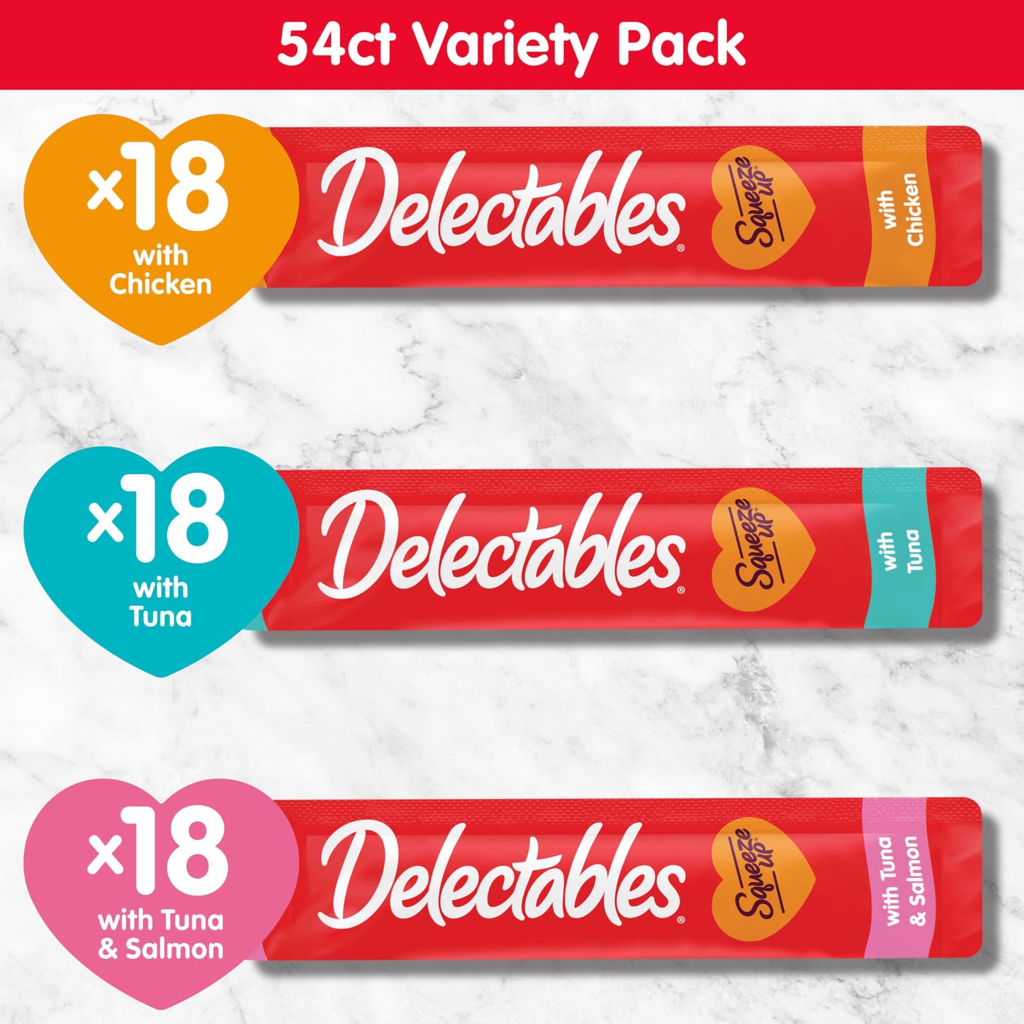Delectables Squeeze Up Variety Pack, Creamy Squeezable Puree, Lickable Wet Cat Treats, Grain Free, No Fillers, by-Products, Preservatives, 0.5 Ounces Tube, 54 Tubes Total