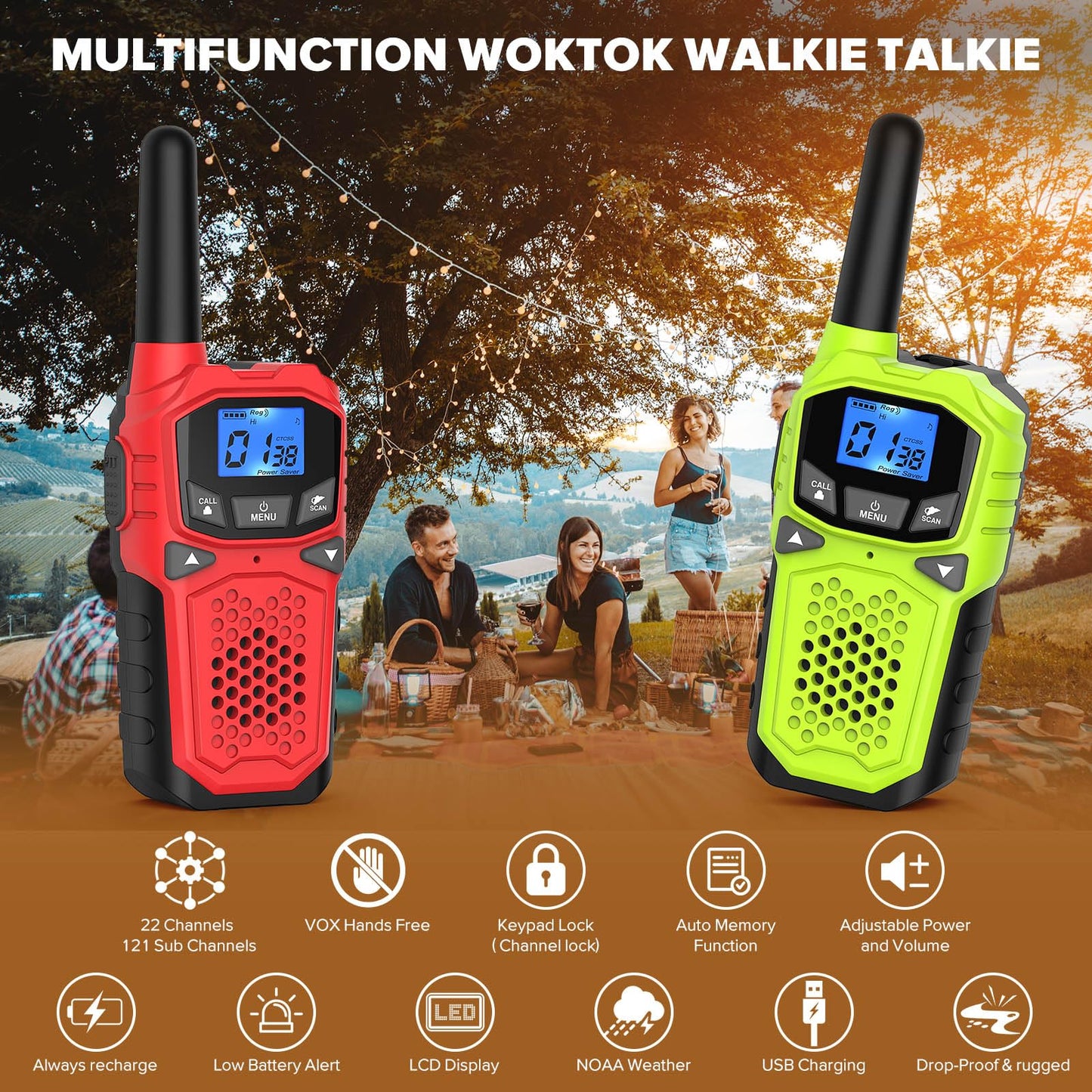 Walkie Talkies for Adults- WokTok Long Range Two Way Radio for Camping Hiking Hand Held Hiking Accessories Camping Gear Xmas Birthday Gift for Kids,SOS Siren,NOAA Weather Alert,2 Radios