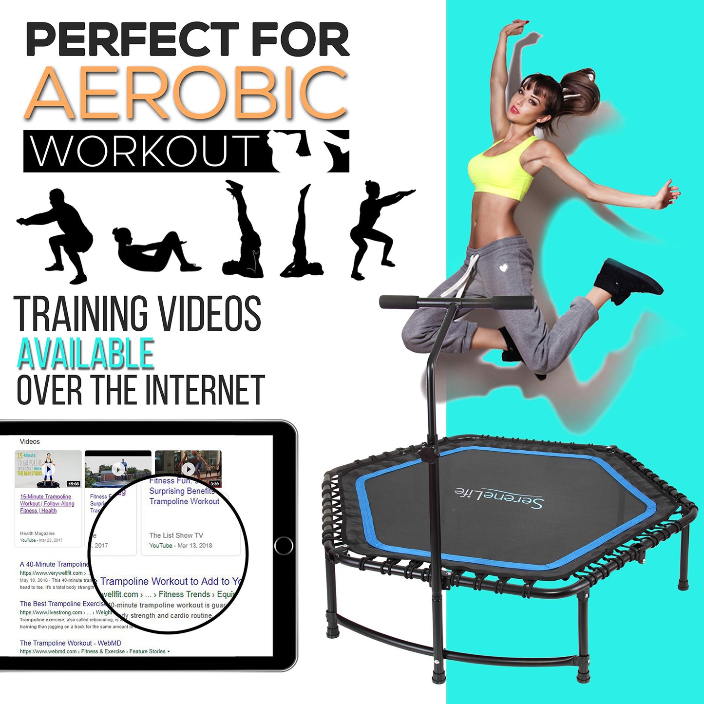 Fitness Exercise Rebounder Mini Trampoline - 48" Inch Hexagonal Jump Exercise Equipment Mini Trampoline for Adults - Rebounders Mini Trampolines for Adults with Bar Handle - SereneLife SLELT518 , Black