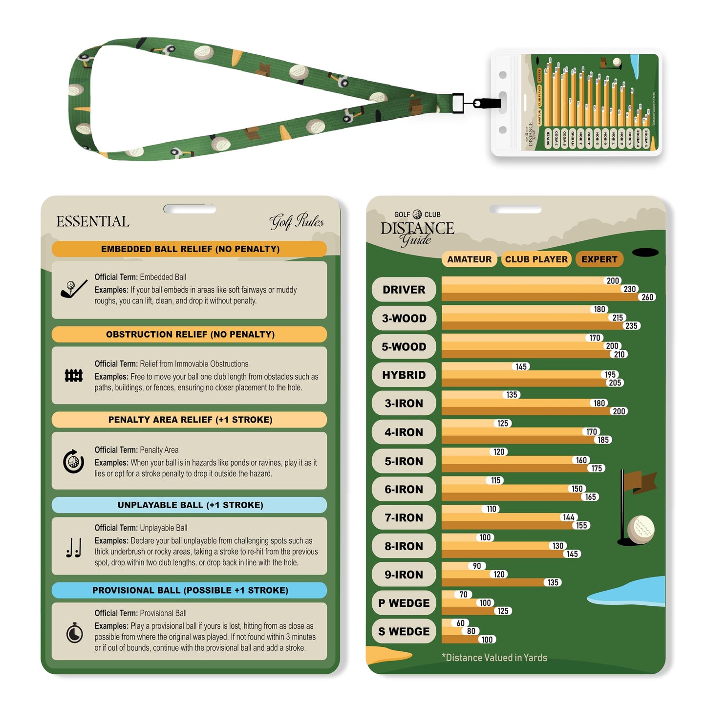 Sunsella Golf Club Range Chart & Golfing Rules Reference Guide | Club Yardage Distance Finder | Ideal Golf Bag Accessory & Golf Practice | Training Aids | Made in USA | Pocket Sized 3.54 in x 5.12 in