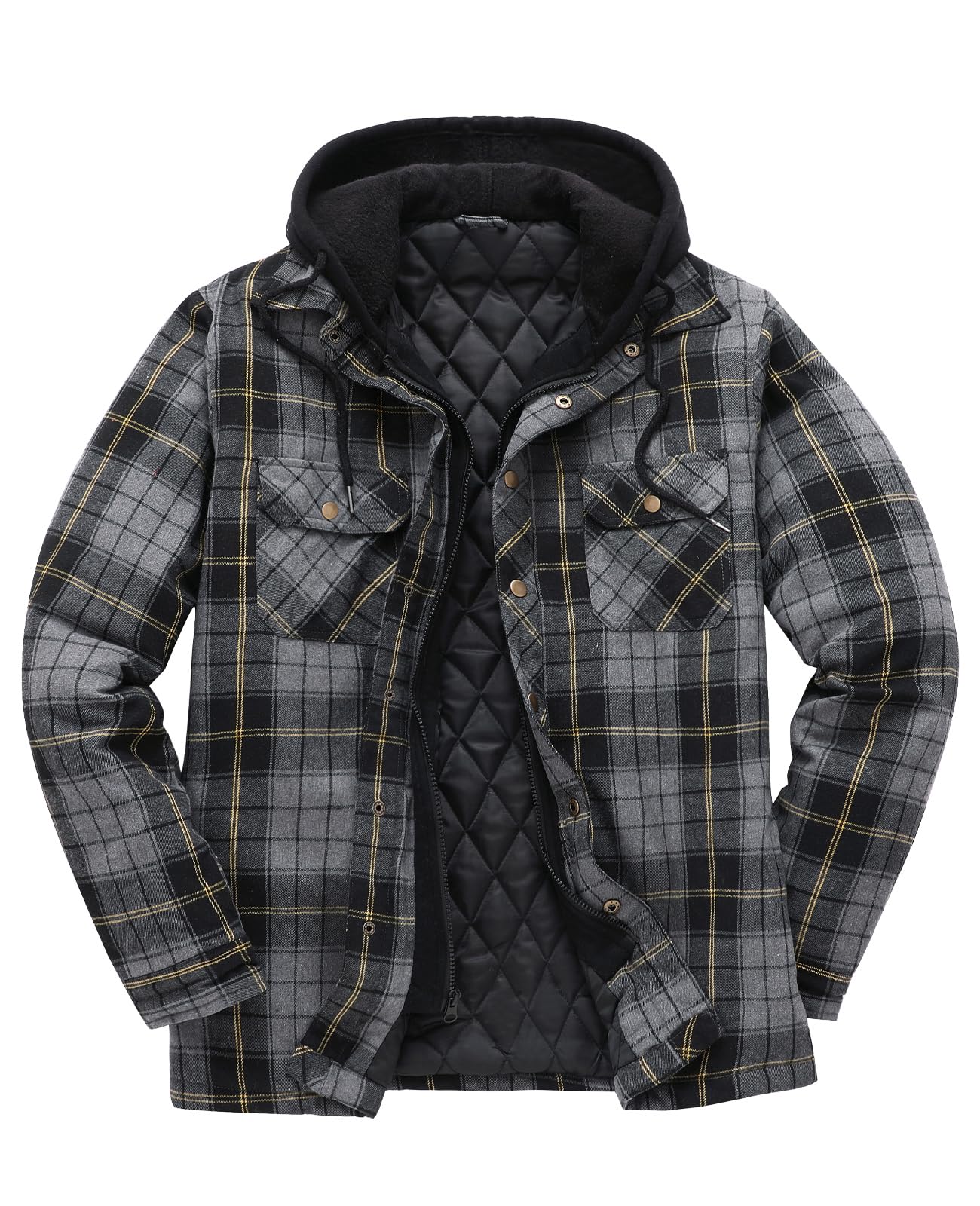 ThCreasa Flannel Hooded Shacket Jackets for Men Quilted Lined Buffalo Plaid Flannel Coat Thick Flannel Shirt Jacket Grey M