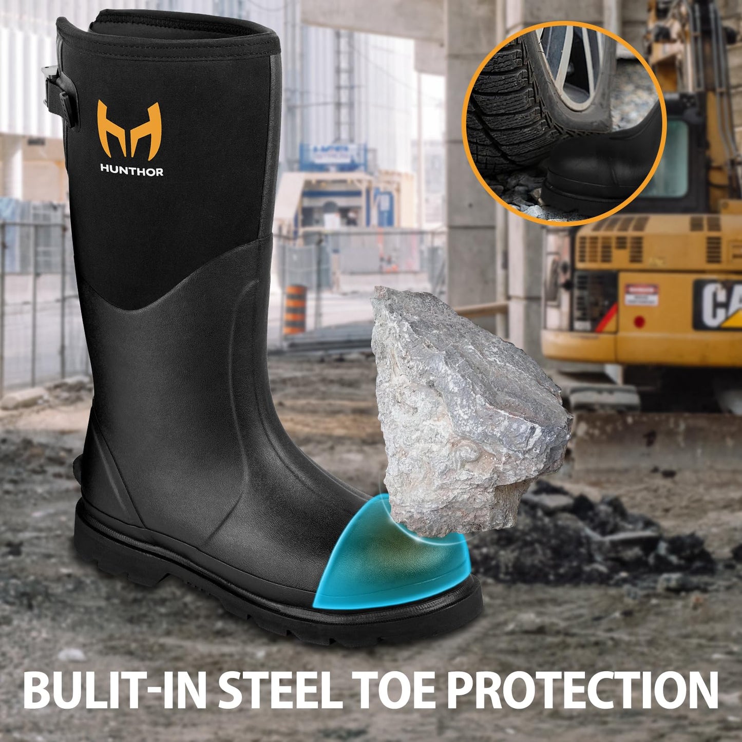 Hunthor Rubber Work Boots, Puncture-Proof with Steel Toe & Shank, Waterproof Insulated 6mm Neoprene Hunting Boots for Farming, Construction, Gardening, Fishing, Outdoor Work