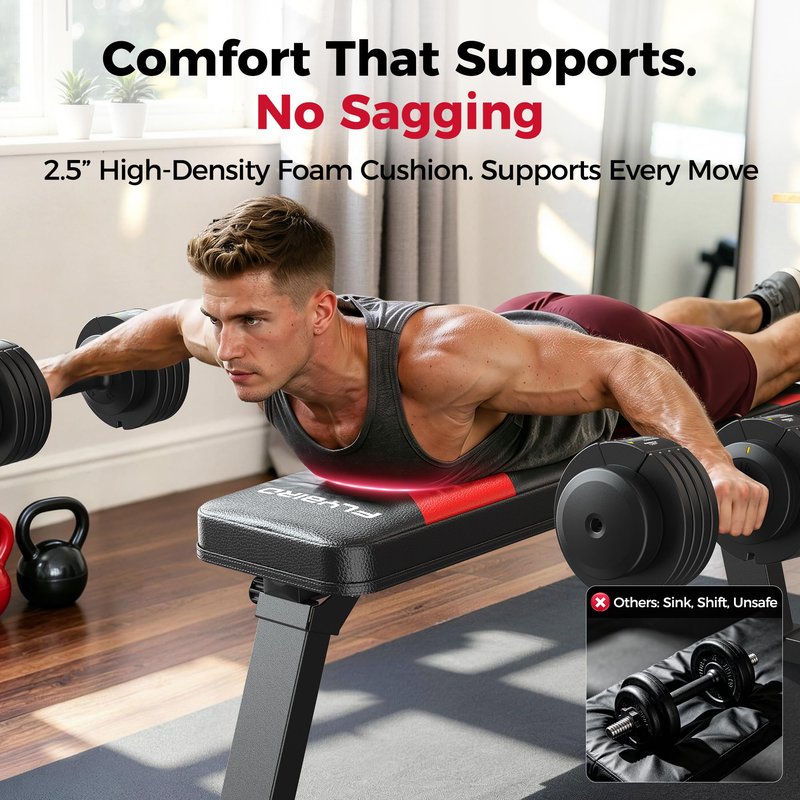 FLYBIRD Foldable Flat Weight Bench For Home Gym, Sturdy Strength Training Workout Bench, Space-saving Bench Press Flat Exercise Bench, Easy to Assemble (A-Red)