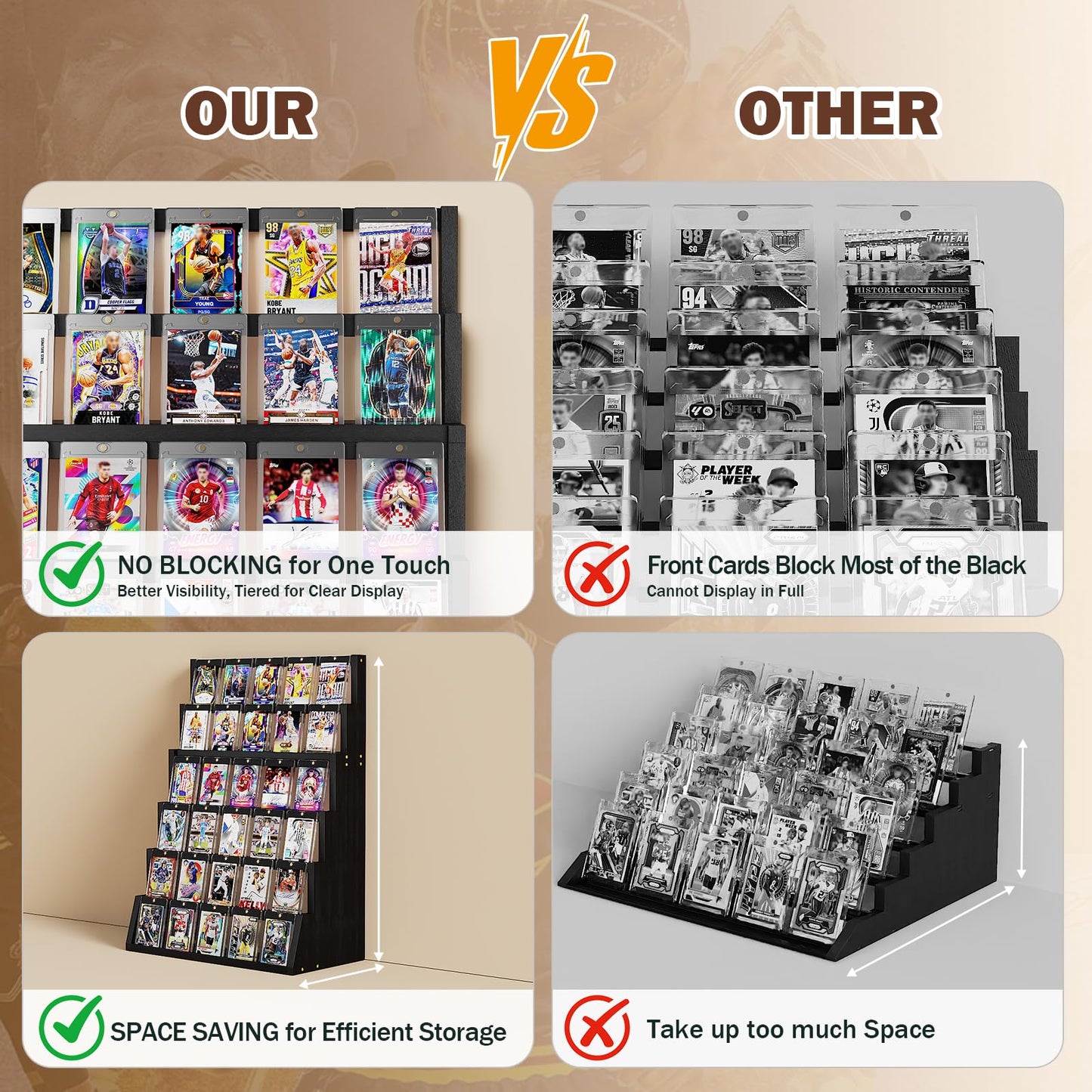 Emfogo Card Display Stand, 6-Tier Trading Card Display, Wood Detachable Graded Card Display with Top Storage, High Capacity Trading Card Display Stand for Collection & Show (Black)