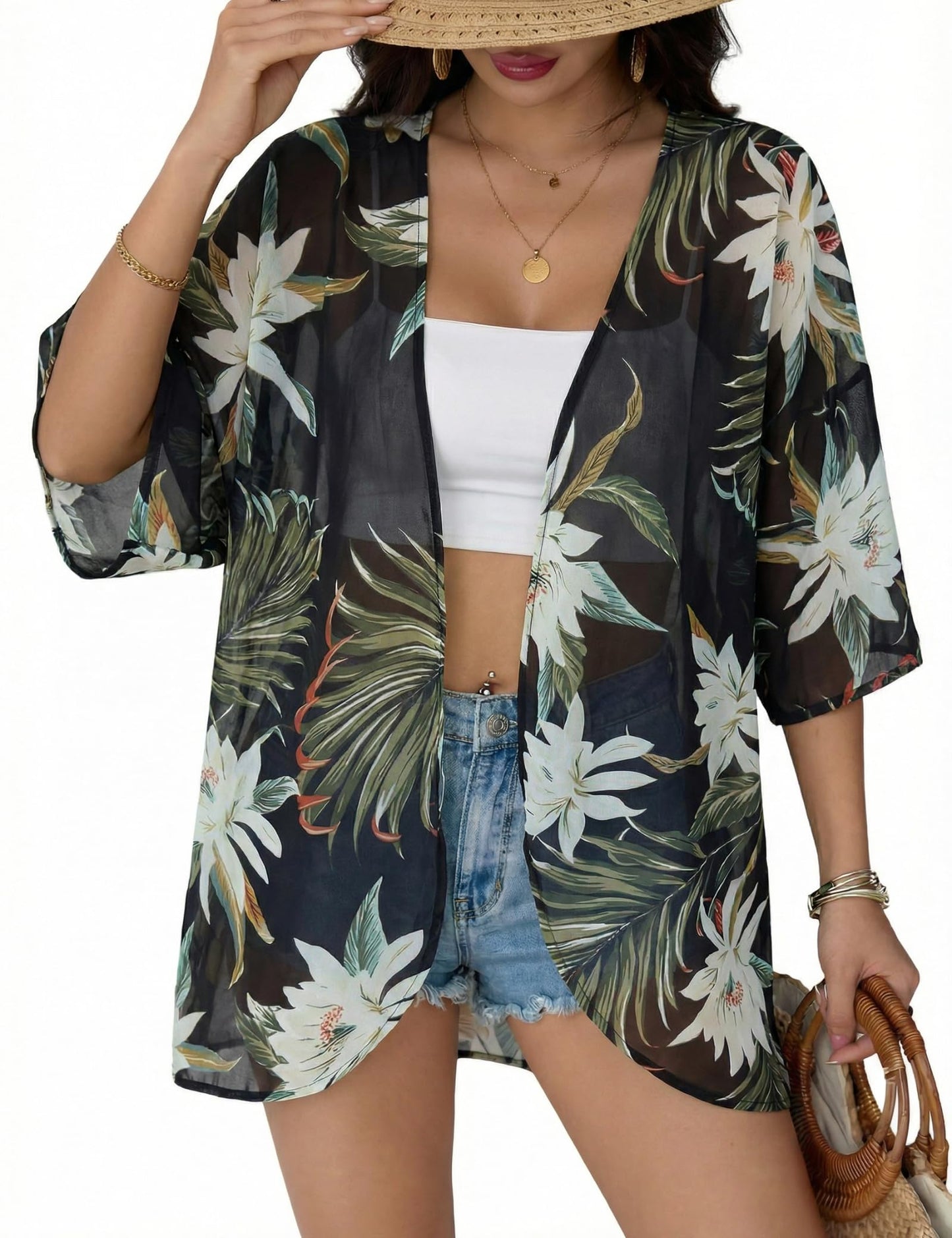 Chunoy Women Short Sleeve Chiffon Kimono Beach Swimsuit Cover Up
