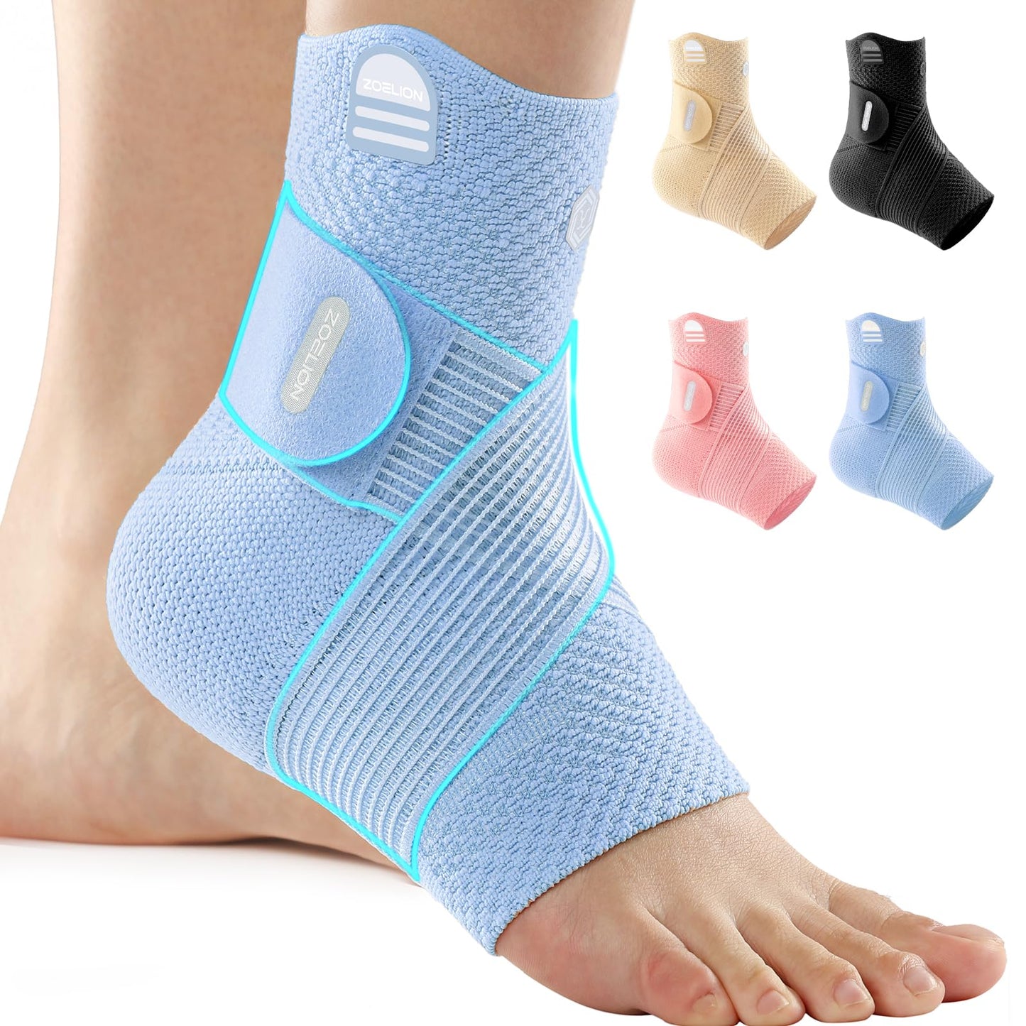 ZOELION Ankle Brace Compression Support with Removable Fishnet Strap, 3D Knit Plantar Fasciitis Relief Achilles Tendonitis Brace, Ankle Compression Sleeve for Pain Relief & Injury Healing, Blue/XXL