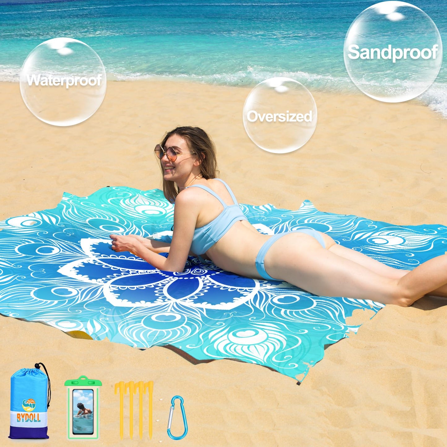 BYDOLL Beach Blanket 78''×81'' 1-5 Adults Waterproof Sandproof Oversized Lightweight Beach Blanket Large Picnic Mat Beach Blanket for Beach Travel Camping Hiking Picnic