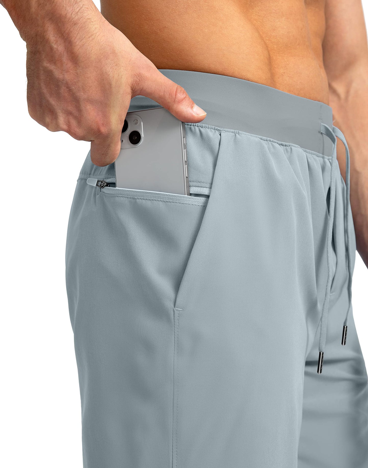 Soothfeel Men's Running Shorts with Zipper Pockets 7 Inch Lightweight Quick Dry Gym Athletic Workout Shorts for Men (Light Grey2, L)