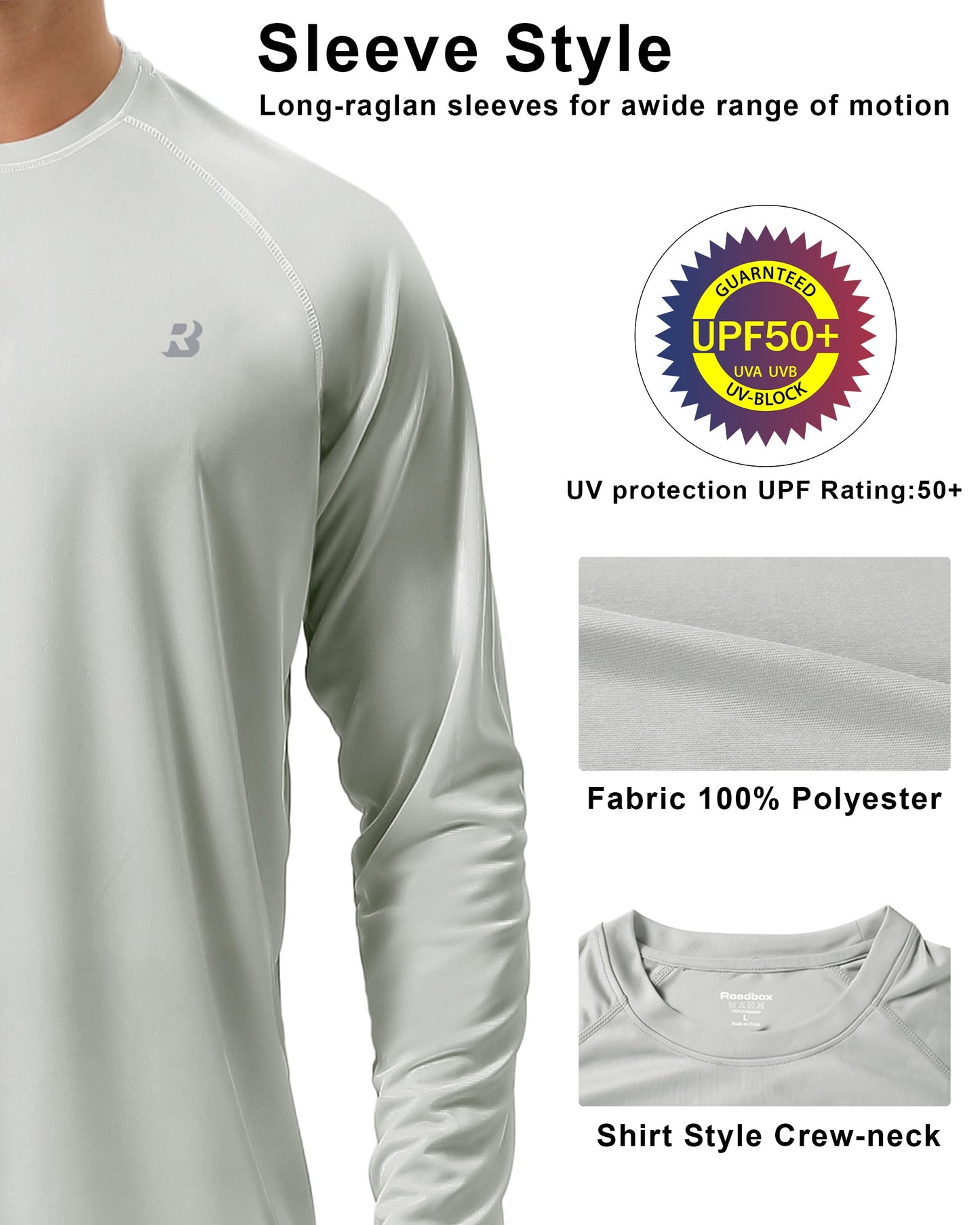 Roadbox Mens UPF 50+ UV Sun Protection Shirts Outdoor Long Sleeve SPF Diving Rash Guard for Fishing Hiking Swimming