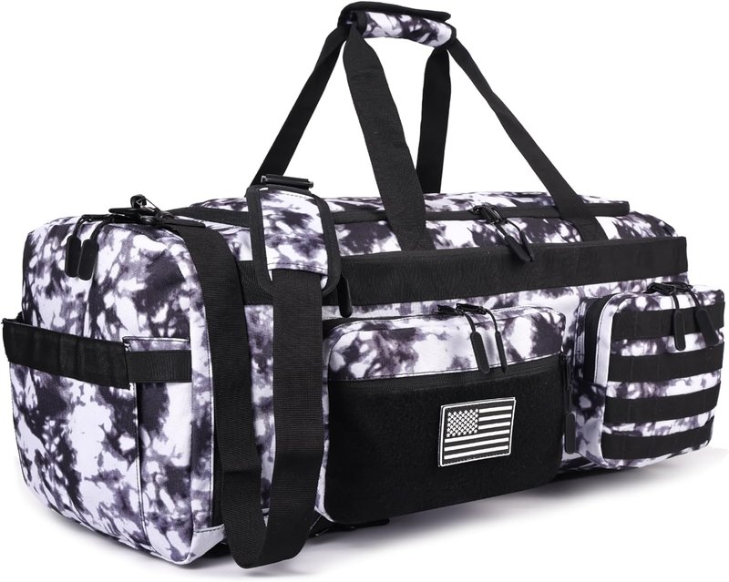 Tactical Duffle Bag for Men - 50L 3-in-1 Gym Backpack with Shoe Compartment & Laptop Sleeve | Black & White