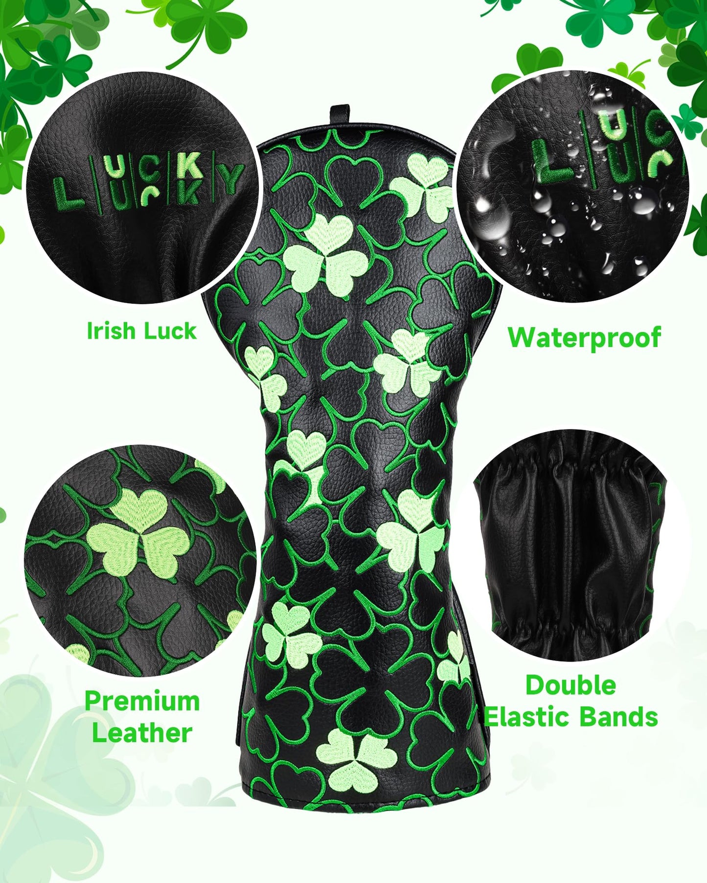 Big Teeth Golf Irish Luck Driver Headcover St. Patrick’S Day Driver Cover Black Driver Head Cover Lucky Clover Golf Driver Head Covers Green Shamrock