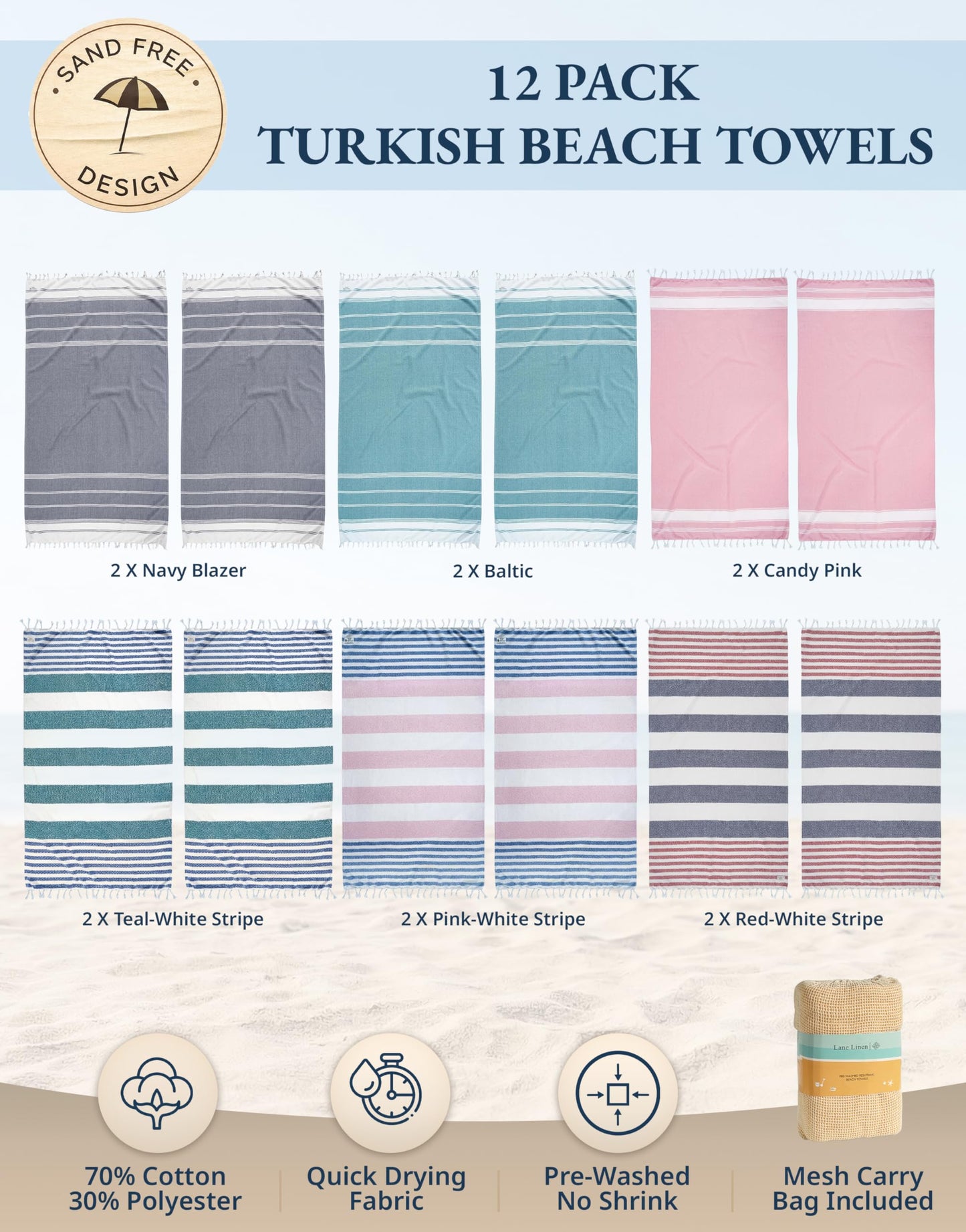 Lane Linen Beach Towels 12 Pack - Oversized & Pre-Washed Large Beach Towel Set - Stylish Pool Towels For Adults, Quick Dry, Soft & Lightweight Lightweight Travel Towel Pack, 39"x71" - Seaside Symphony