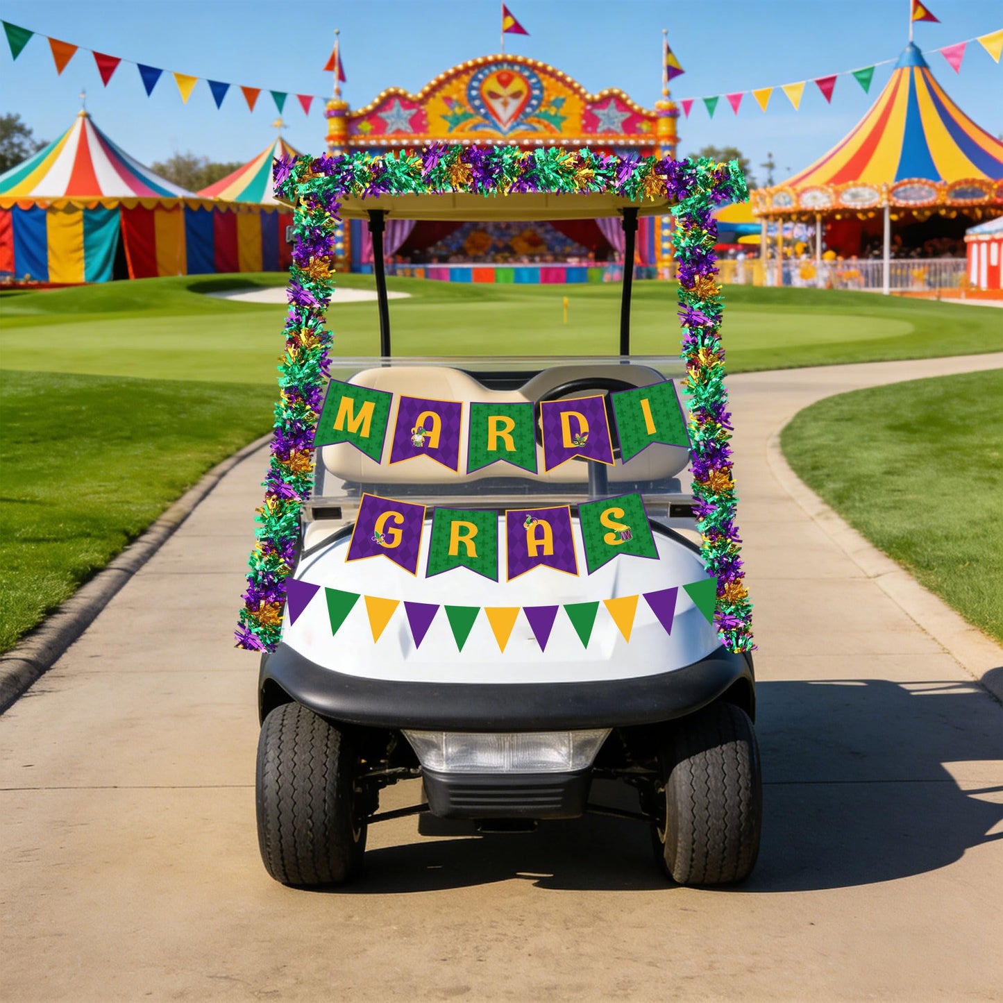 Pezutoi Mardi Gras Golf Cart Decorations Purple Green Gold Decor with Banner Tinsel Flags Garlands Cutouts