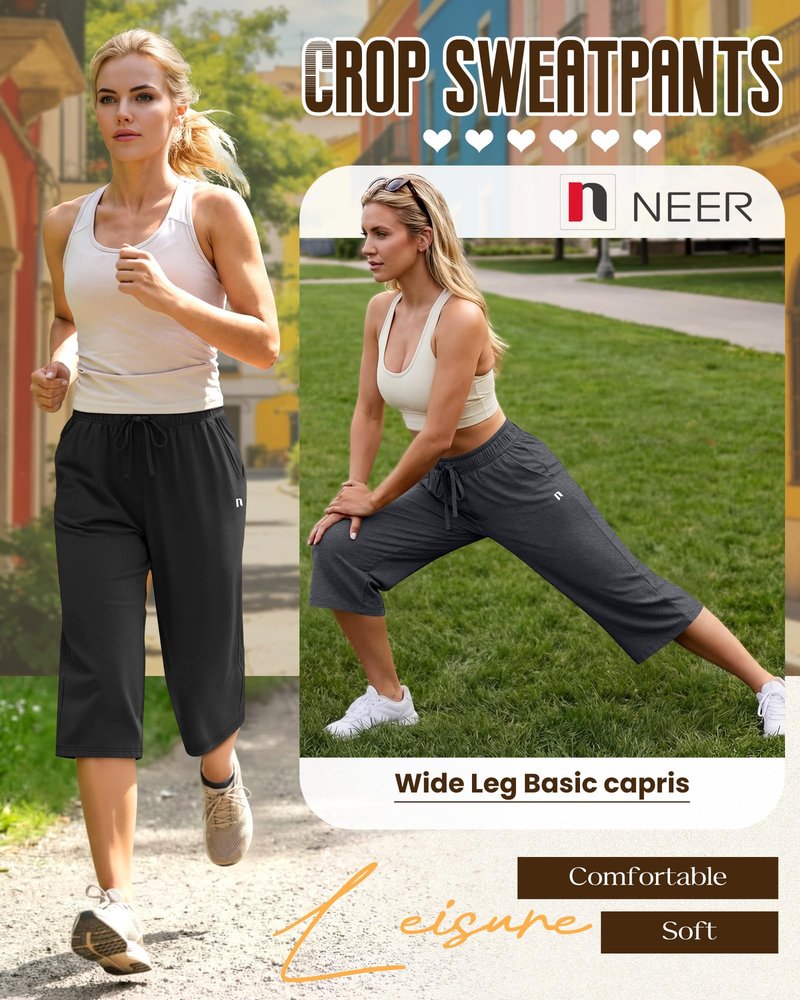 Neer 3 Pack Women's Capri Pants, Wide Leg Basic Sweatpants Lounge Loose Fit Casual Drawstring Yoga Capris with Pockets(Black, Dark Mixed Gray, Navy Blue,X-Large)