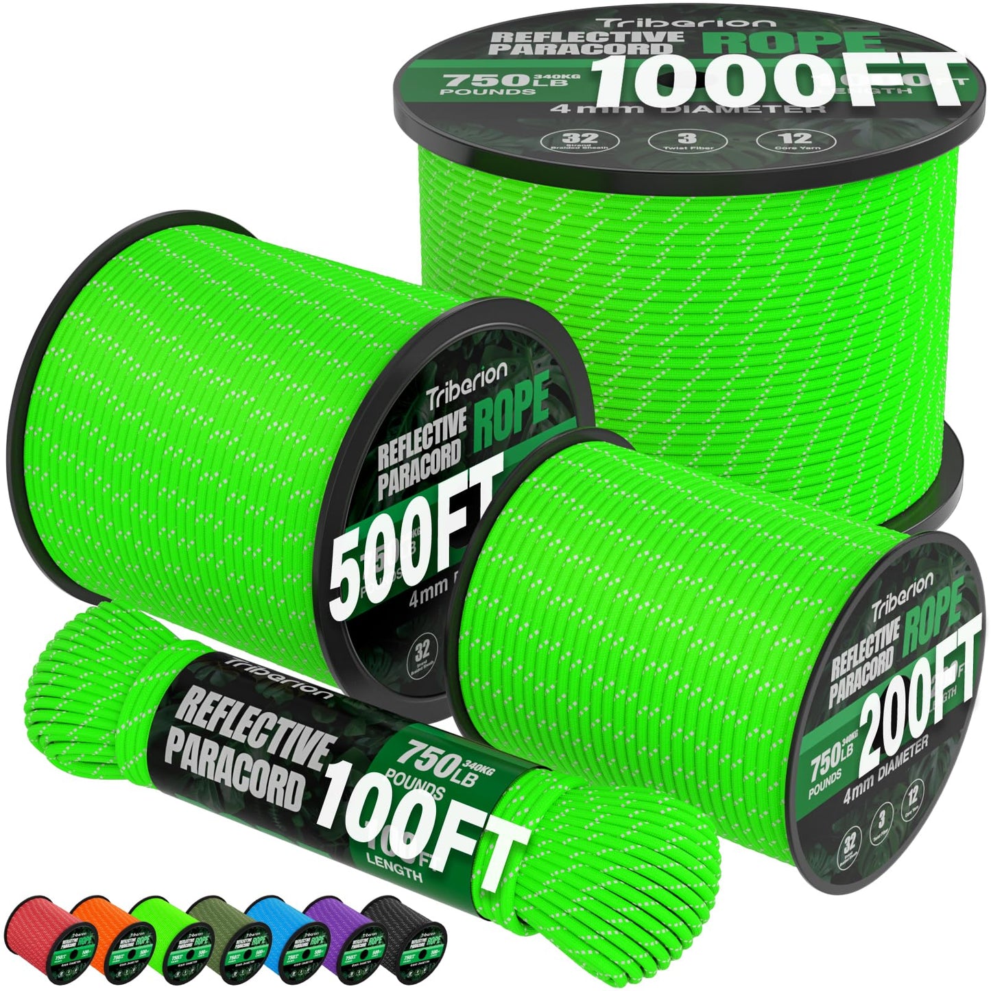 TRIBERION Reflective Paracord Rope 750 lb - 1000ft 5/32" Parachute Cord 4MM 12-Strand para Cord - Heavy Duty Spool String for Survival,Camping Gear, Survival Bracelet, Clothesline - Neon Green