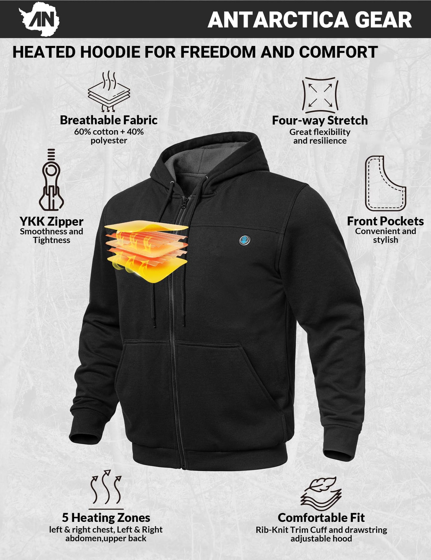 ANTARCTICA GEAR Heated Hoodie Sweater for Men Women, with 12V Battery Pack, Heated Sweatshirt Work Jacket