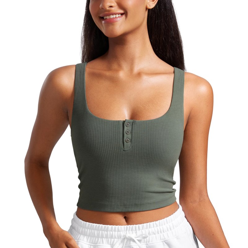 CRZ YOGA Ribbed Henley Crop Tank Tops for Women - Square Back Padded Yoga Workout Longline Sports Bras Grey Sage Medium
