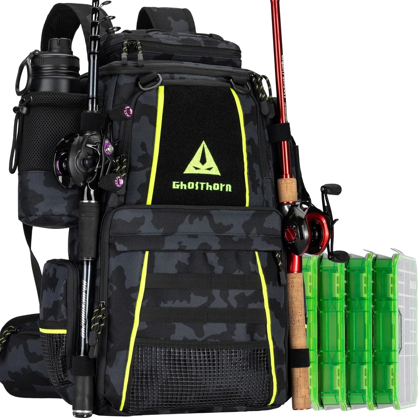 Ghosthorn Fishing Tackle Backpack - 43L Waterproof Gear Bag with 4 Tackle Boxes & Rod Holder | Detachable Waist Bag