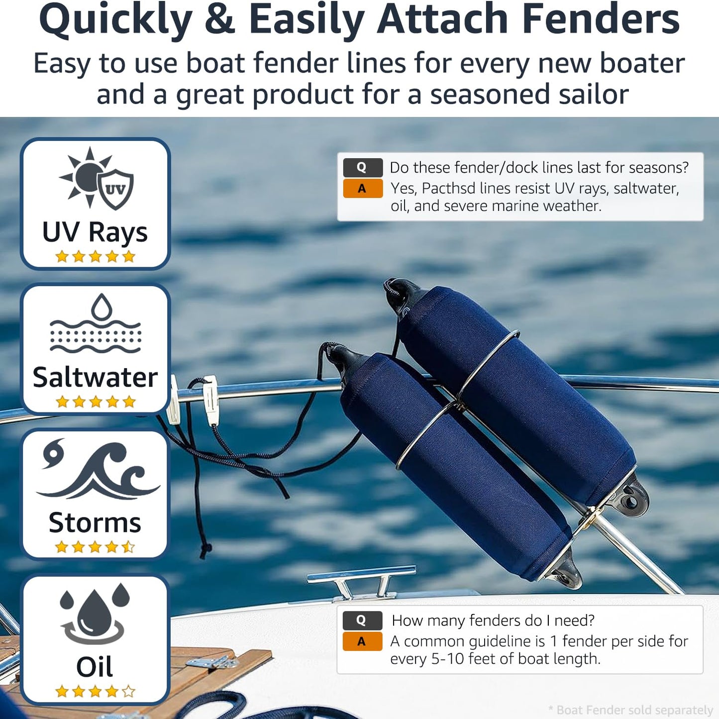 PACTHSD 3/8" x 10' Boat Fender Lines (4-Pack) - Double Braided Nylon Dock Lines for Boats - Marine Grade Fender Ropes with 6" Eye Loop - Soft, Durable Boat Accessories for Pontoon and Small Boats