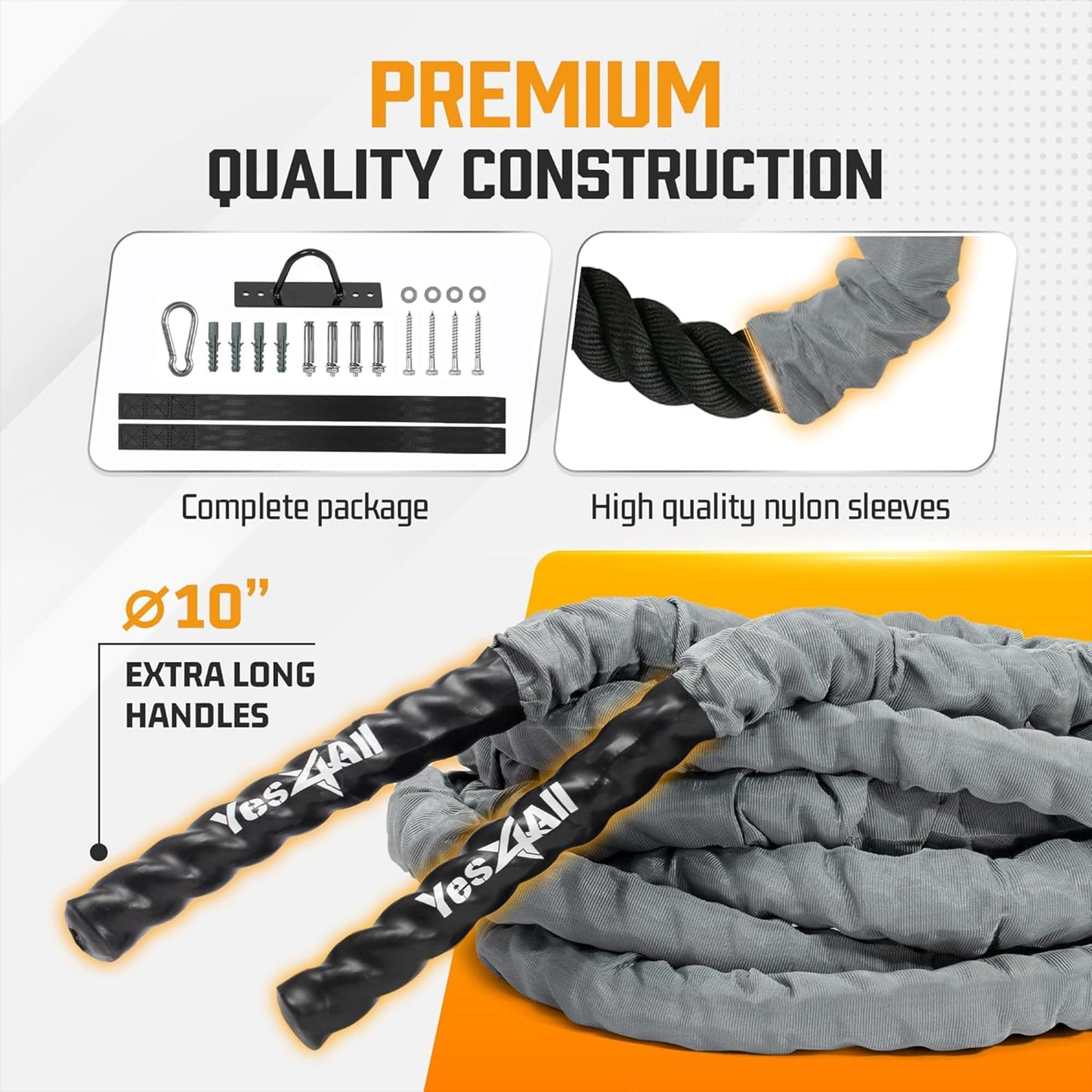 Yes4All Battle Rope with Protective Cover – Steel Anchor & Strap Included - Poly Dacron 1.5in - 40ft