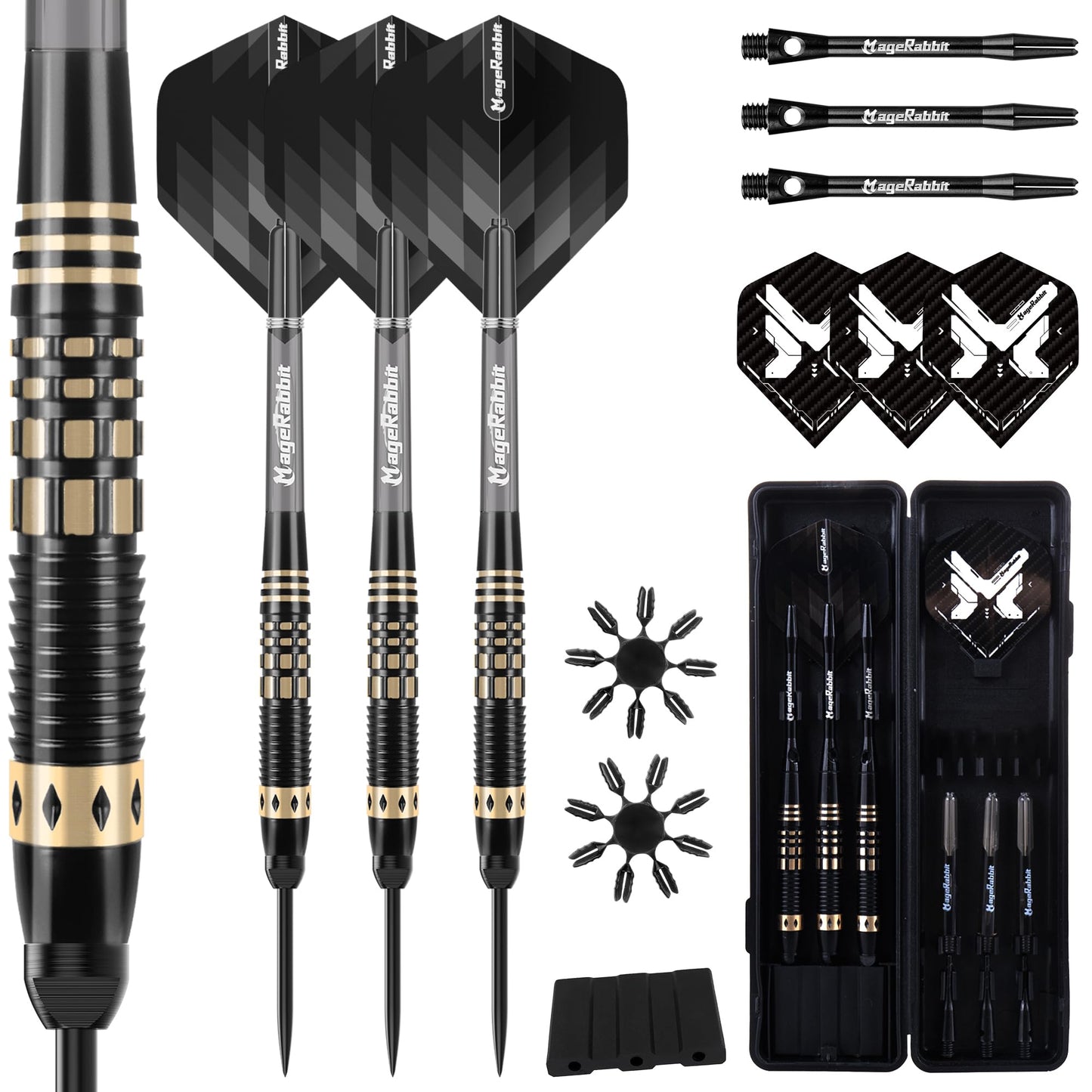 MageRabbit Steel Tip Darts Set 3 Pack, Copper Barrel Metal Tip Darts with Aluminum Shafts, 6 Extra Flights, Dart Tools and Carrying Case for Dartboard