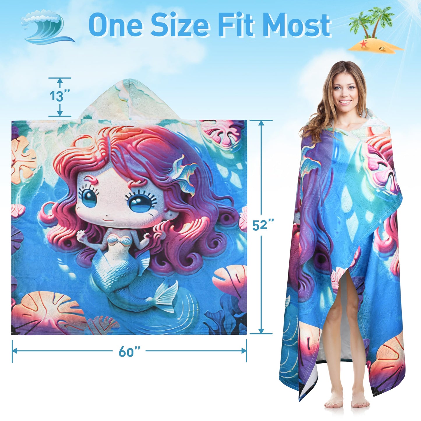 Tirrinia Lightweight Beach Poncho Towel with Hood for Adult Quick Dry Travel Surfer Pool Camping Beach Accessories Vacation Essential summer, Microfiber Sandproof Women Men Adult Gift Mermaid