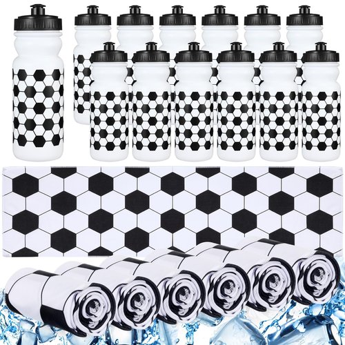HunnmingRe 24 Pcs Soccer Party Favors Including 12 Pcs 20 oz Plastic Soccer Water Bottles Bulk 12 Pcs 40"x12" Soccer Cooling Towels Breathable Towel for Soccer Team Gift